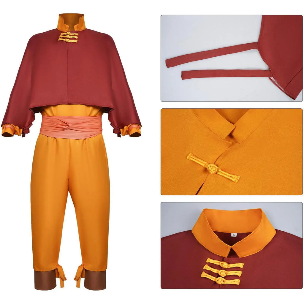 front full view of aang cosplay costume, close-up details of golden frog buttons, stand collar and cape side straps