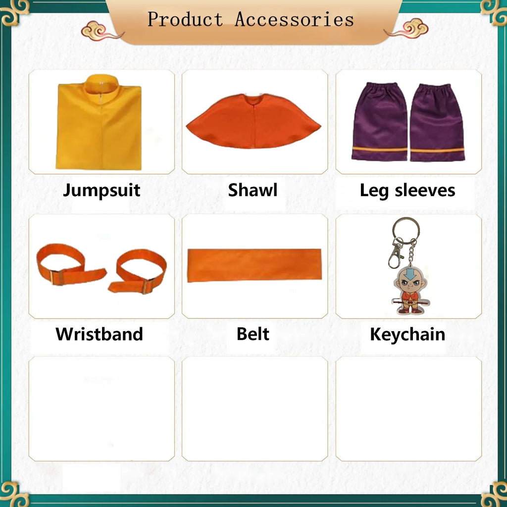 classified display of jumpsuit, shawl, leg sleeves, belts and keychain for aang cosplay