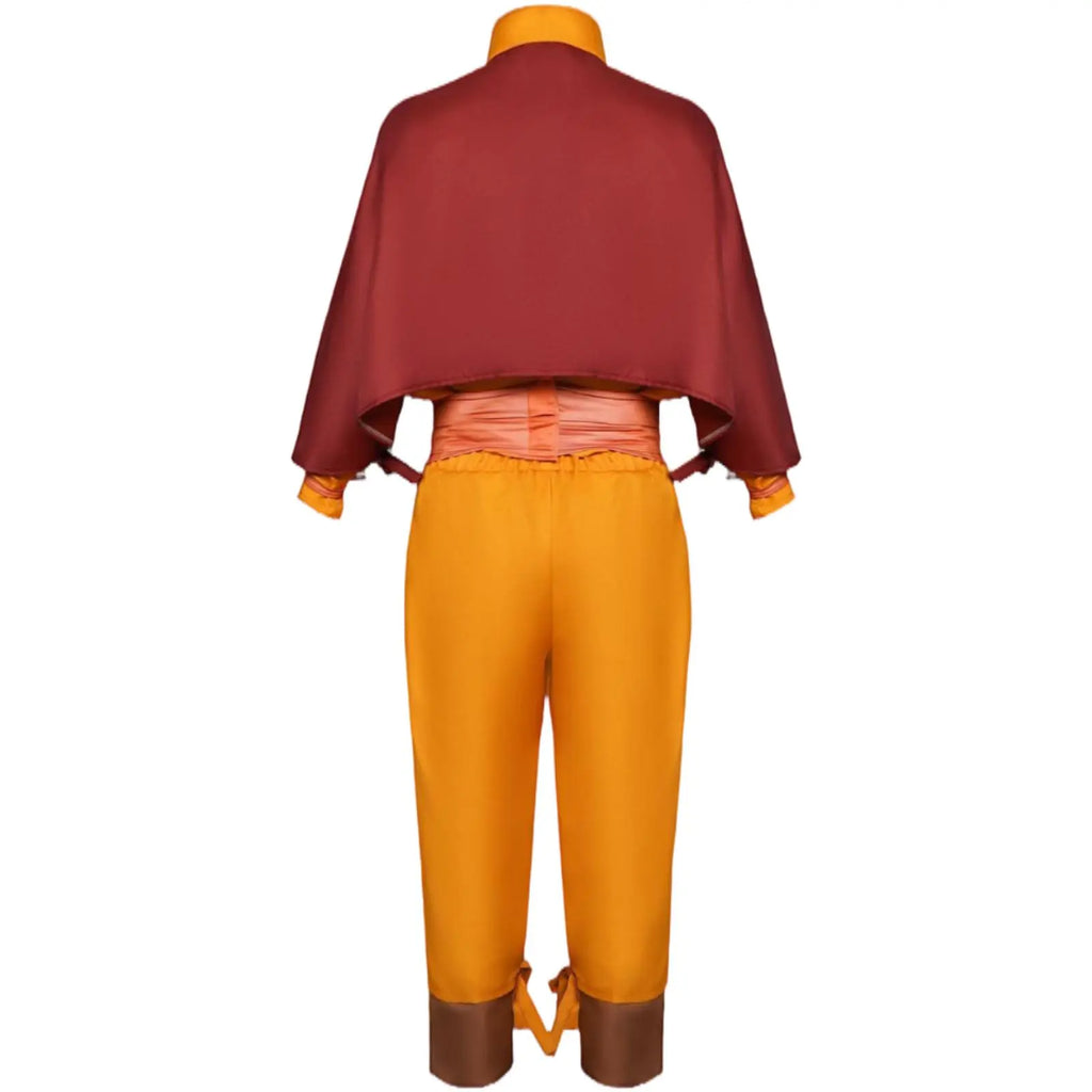 back view of official aang cosplay suit including burgundy cape, orange top, wrapped waist sash and ankle-tied trousers