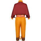 back view of official aang cosplay suit including burgundy cape, orange top, wrapped waist sash and ankle-tied trousers
