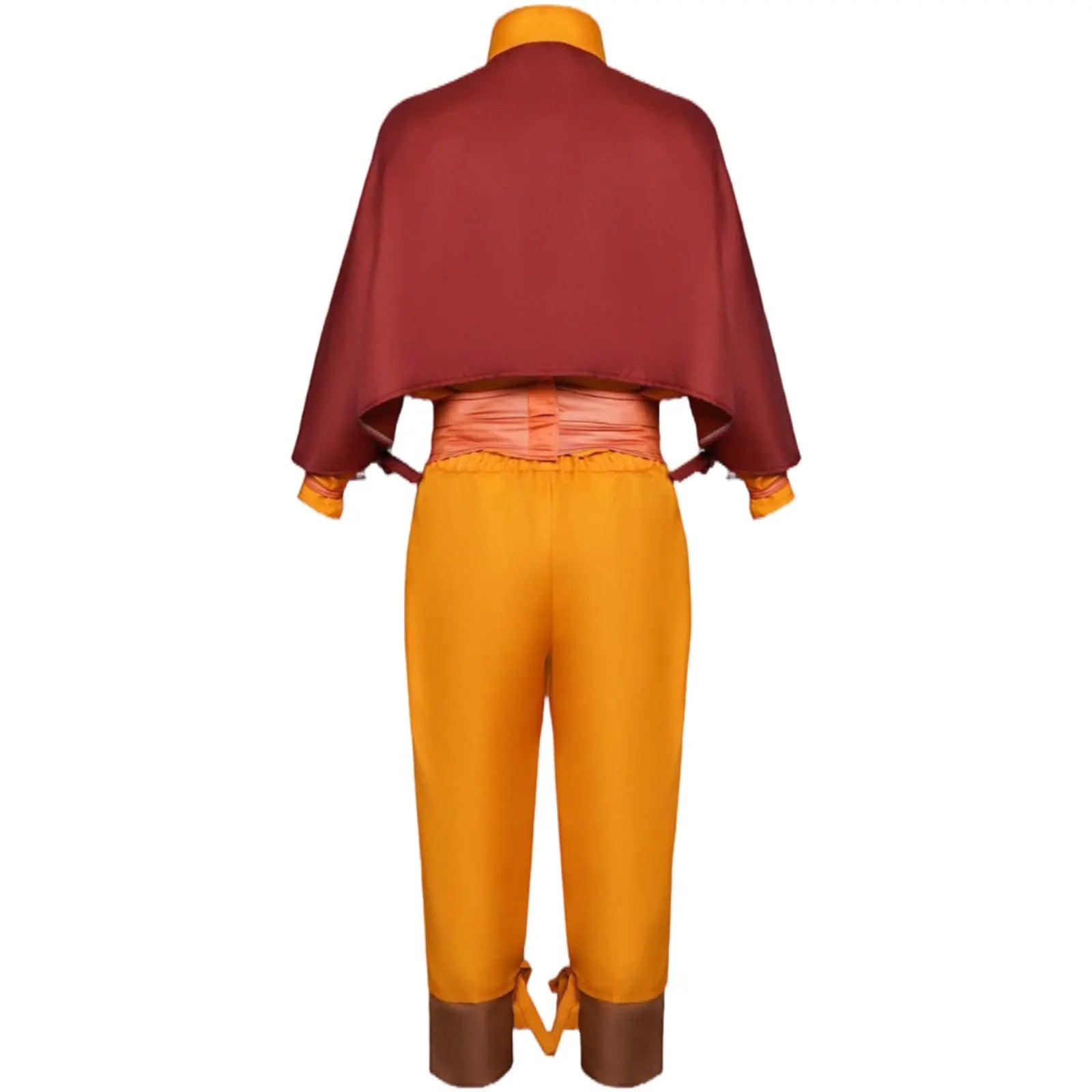 back view of official aang cosplay suit including burgundy cape, orange top, wrapped waist sash and ankle-tied trousers