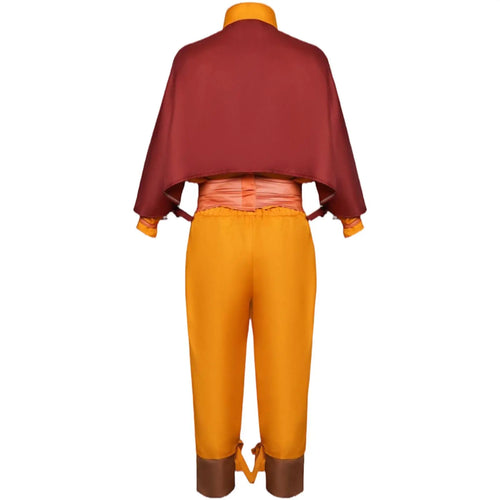 back view of official aang cosplay suit including burgundy cape, orange top, wrapped waist sash and ankle-tied trousers