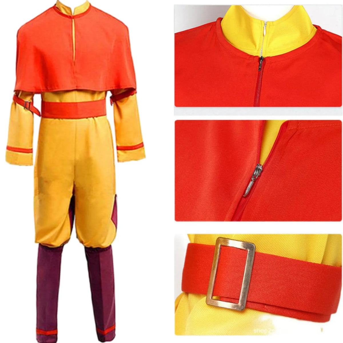 close-up details of front zipper, waist belt buckle and fabric texture of aang cosplay suit