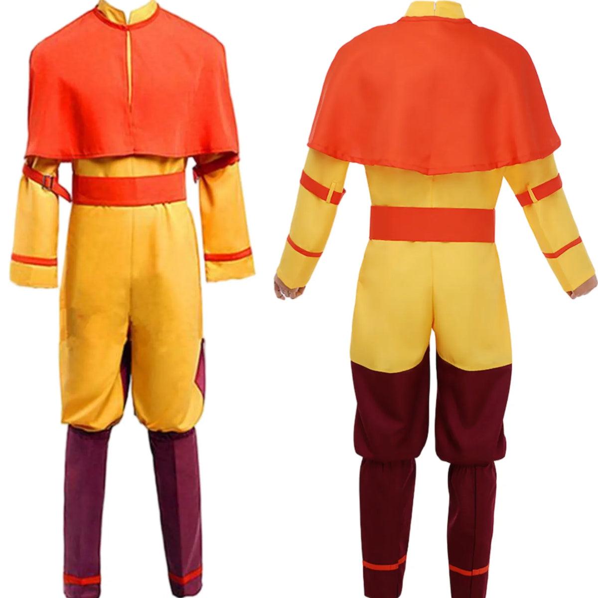 front and back side comparison of avatar aang full cosplay costume