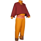 side shot of aang cosplay uniform showing three-quarter sleeve cape, twisted waist sash and ankle tie details
