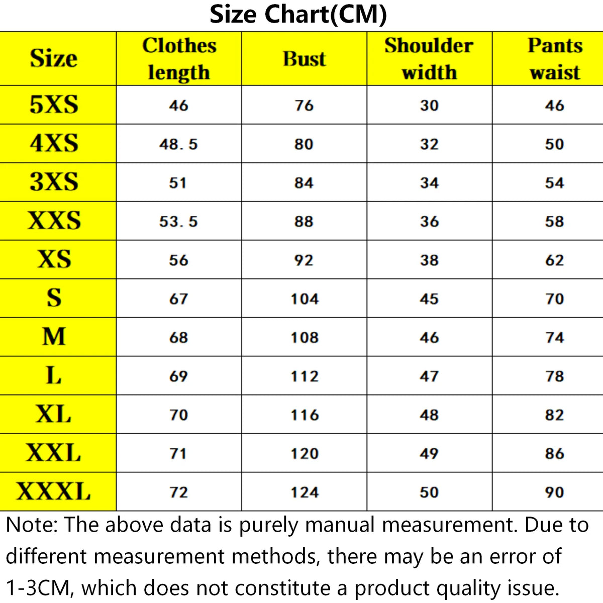 size chart table for aang avatar cosplay costume, measurements of length, bust, shoulder width and pant waist from 5xs to xxxl in cm