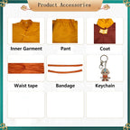 all accessories for aang cosplay: inner shirt, trousers, outer cape, waist wrap, fabric straps and aang acrylic keychain