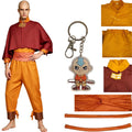 bald young north american male model wearing full aang cosplay costume from avatar the last airbender, full outfit displayed alongside character acrylic keychain and separated accessory pieces