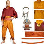 bald young north american male model wearing full aang cosplay costume from avatar the last airbender, full outfit displayed alongside character acrylic keychain and separated accessory pieces