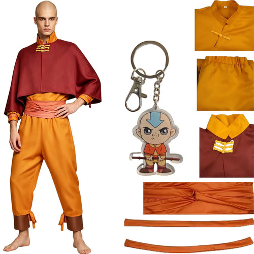 bald young north american male model wearing full aang cosplay costume from avatar the last airbender, full outfit displayed alongside character acrylic keychain and separated accessory pieces