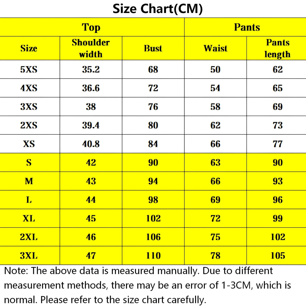 zenitsu cosplay costume size chart in centimeter