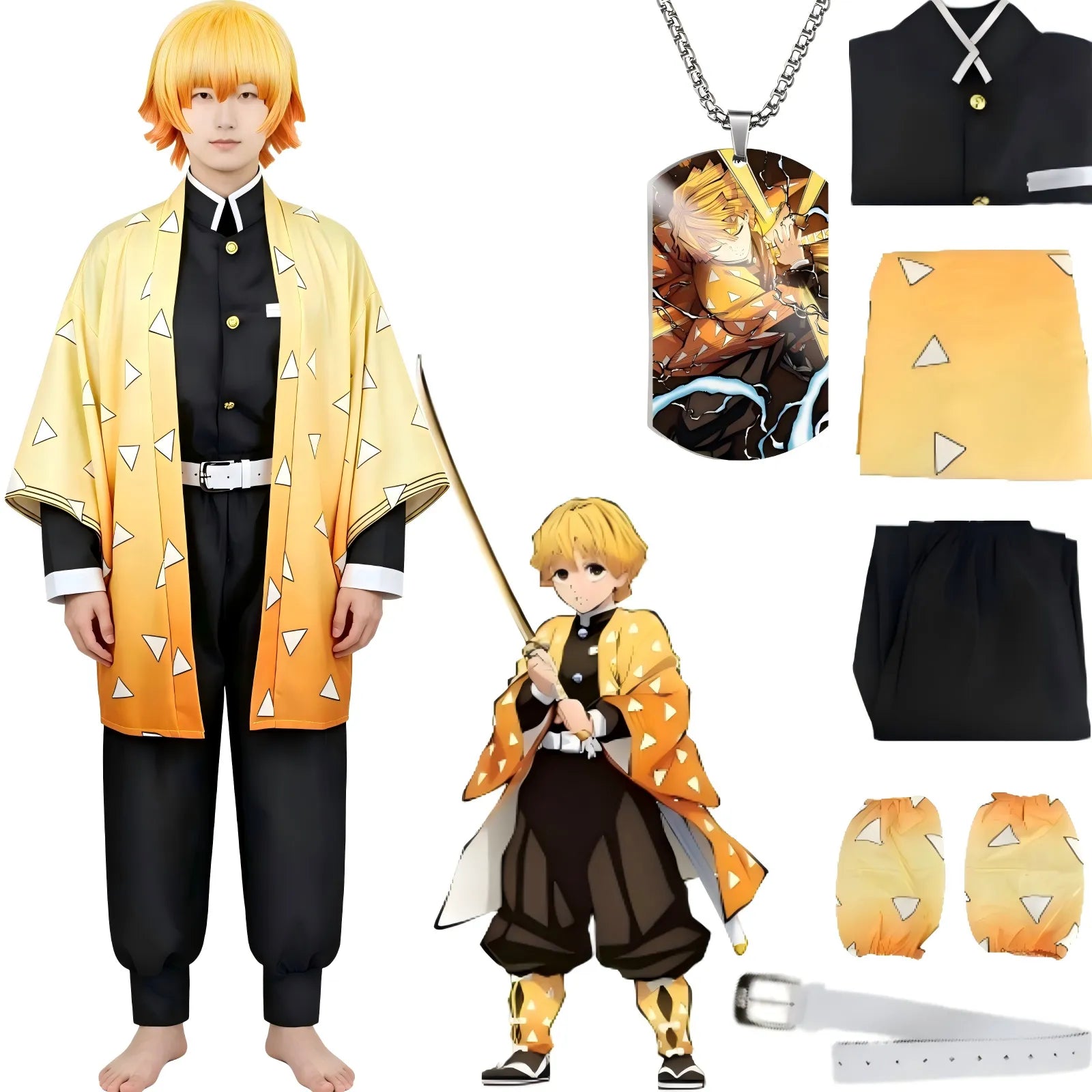 man wearing agatsuma zenitsu demon slayer full cosplay costume