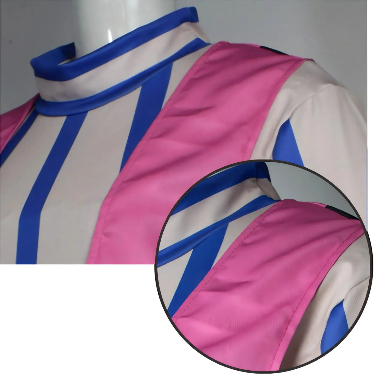 close‑up of akaza cosplay collar and vest fabric stitching