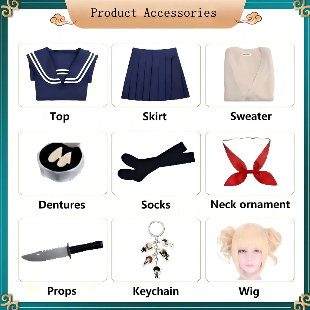 mha himiko toga cos accessory layout sailor top skirt cardigan denture socks wig knife prop keychain