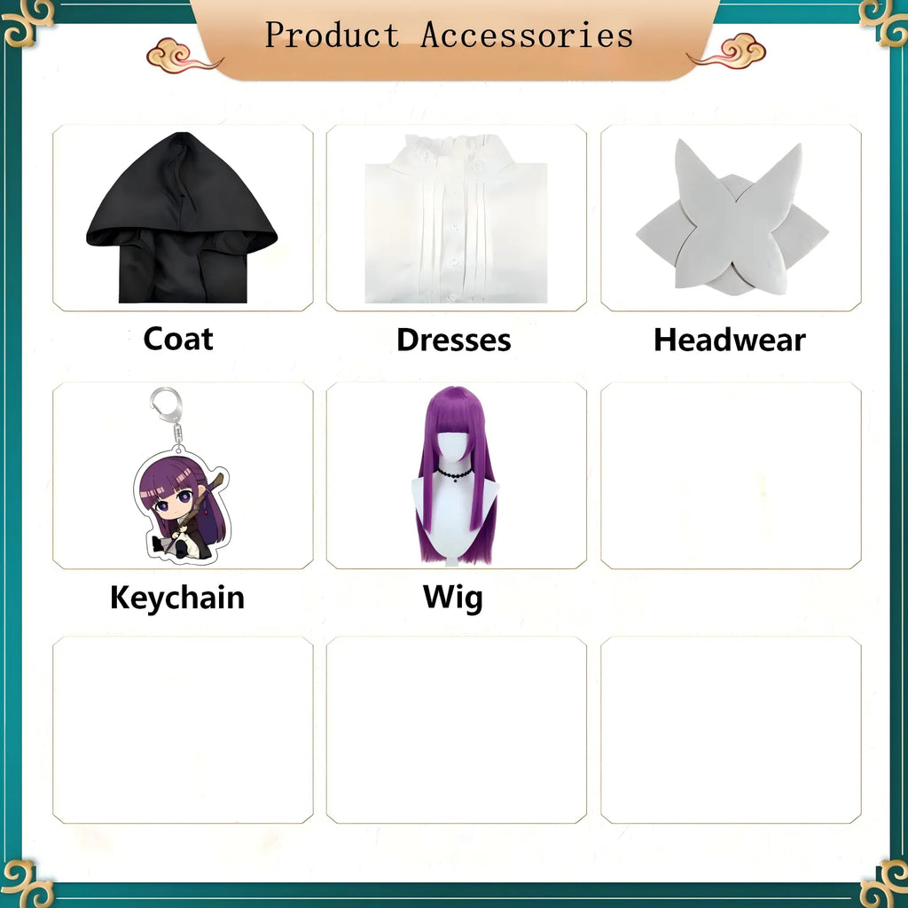 full accessory pack fern frieren cosplay hooded coat white dress hair accessory keychain purple wig