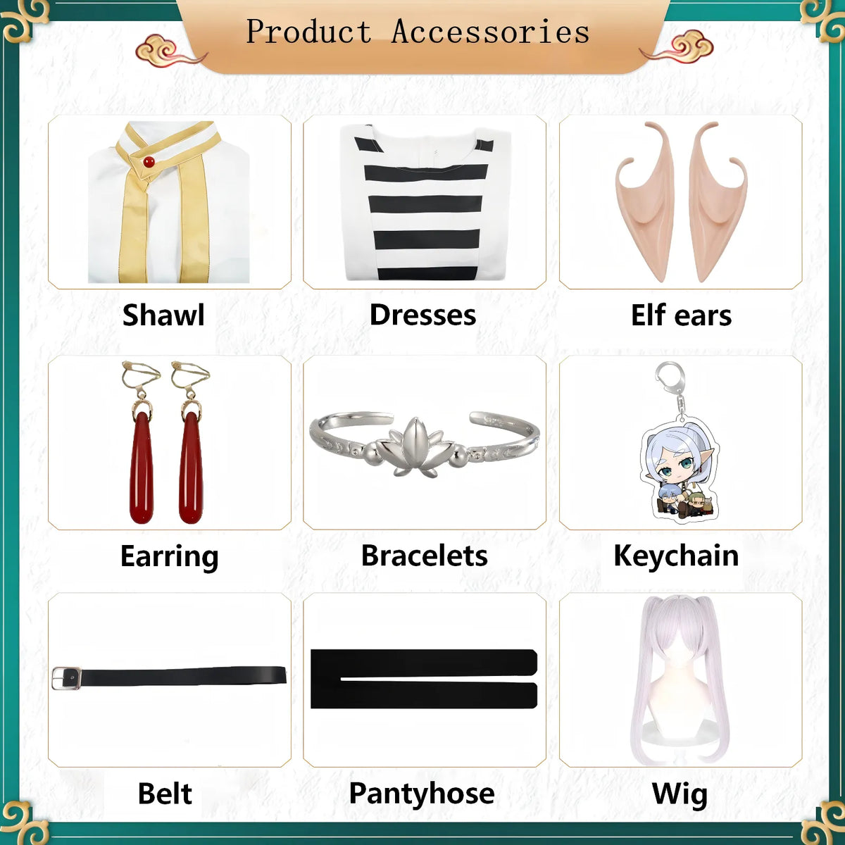 full accessory pack frieren cosplay cape dress elf ears earrings lotus bracelet belt pantyhose purple wig keychain