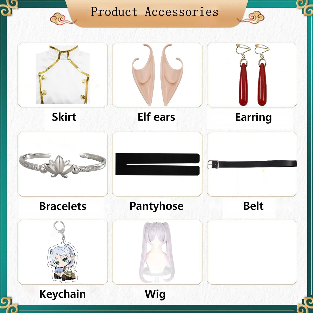 Complete Accessory Kit for Frieren Cosplay Dress Elf Ears Earrings Bracelet Belt Stockings Wig Keychain