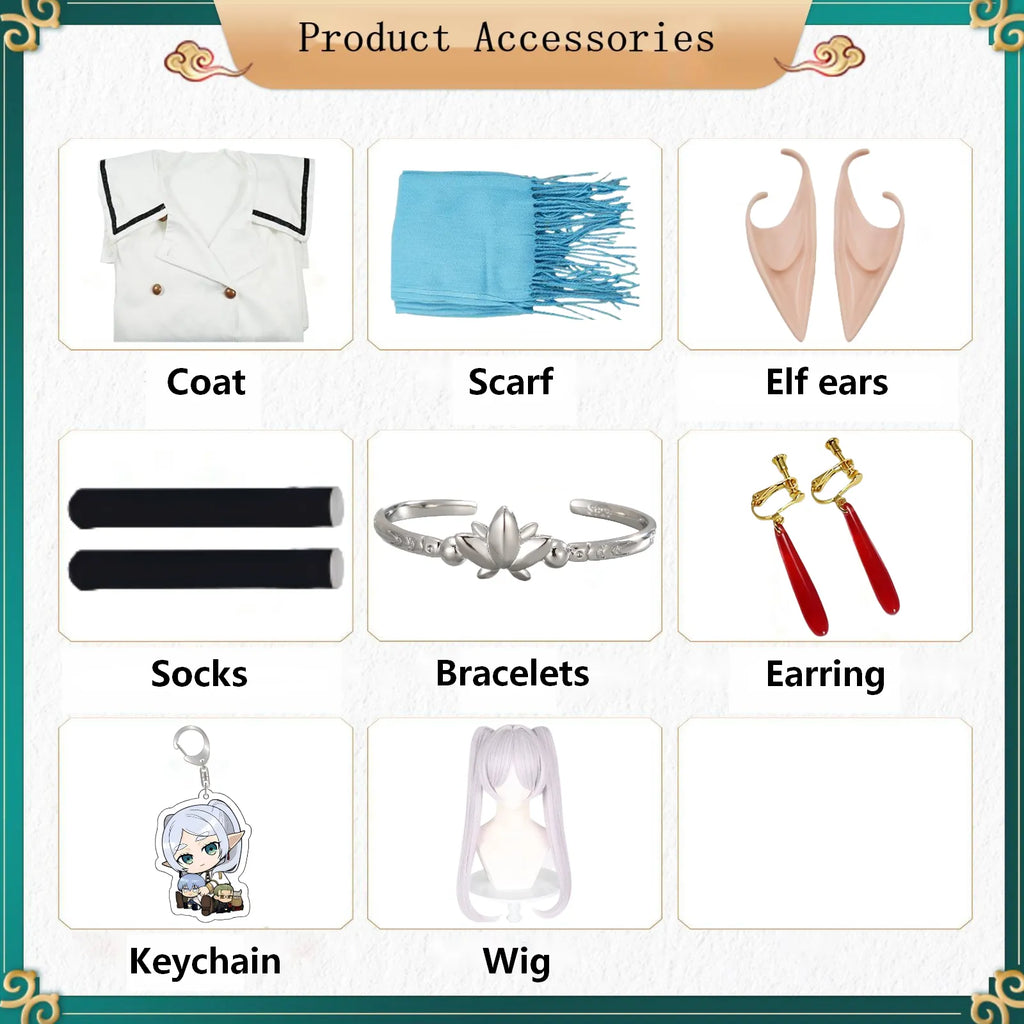 frieren cosplay matching accessories coat scarf elf ears stockings lotus bracelet earrings keychain wig
