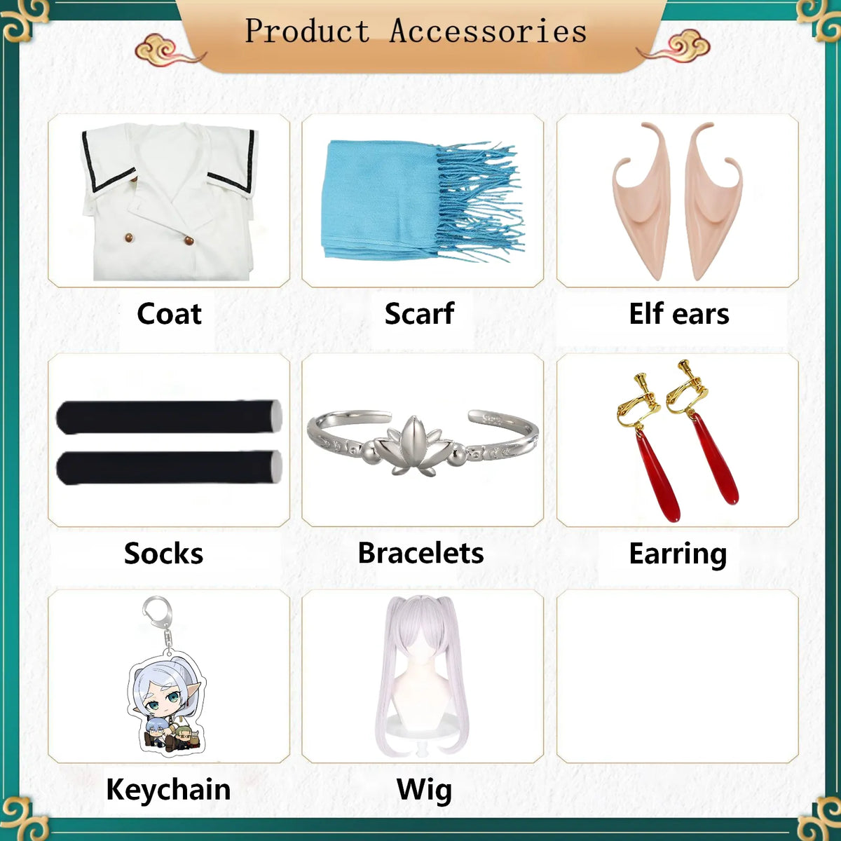 frieren cosplay matching accessories coat scarf elf ears stockings lotus bracelet earrings keychain wig