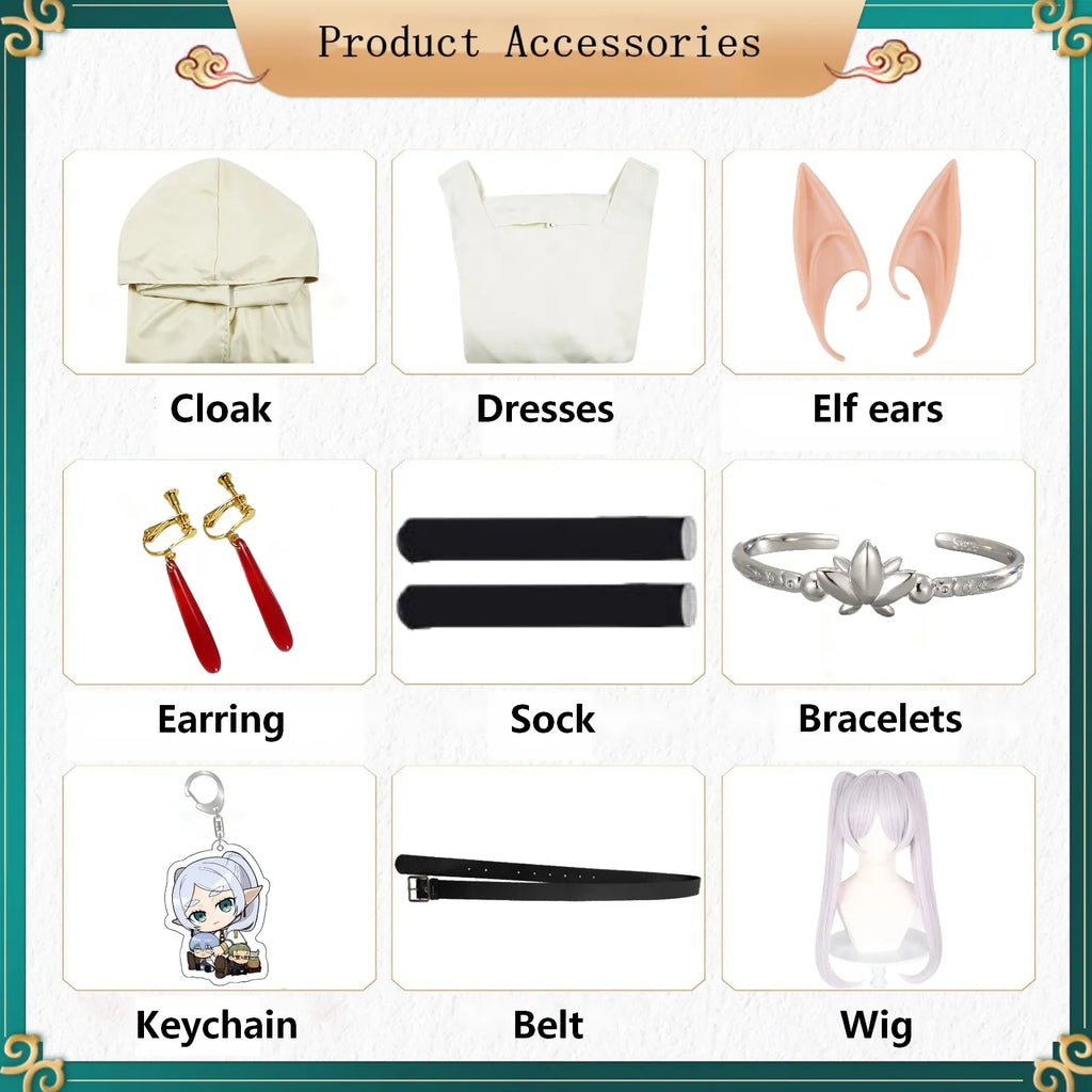 grid layout of full frieren cos accessories, hooded cloak, white dress, elf ears, red clip earrings, black socks, silver lotus bracelet, anime keychain, waist belt, twin tail wig