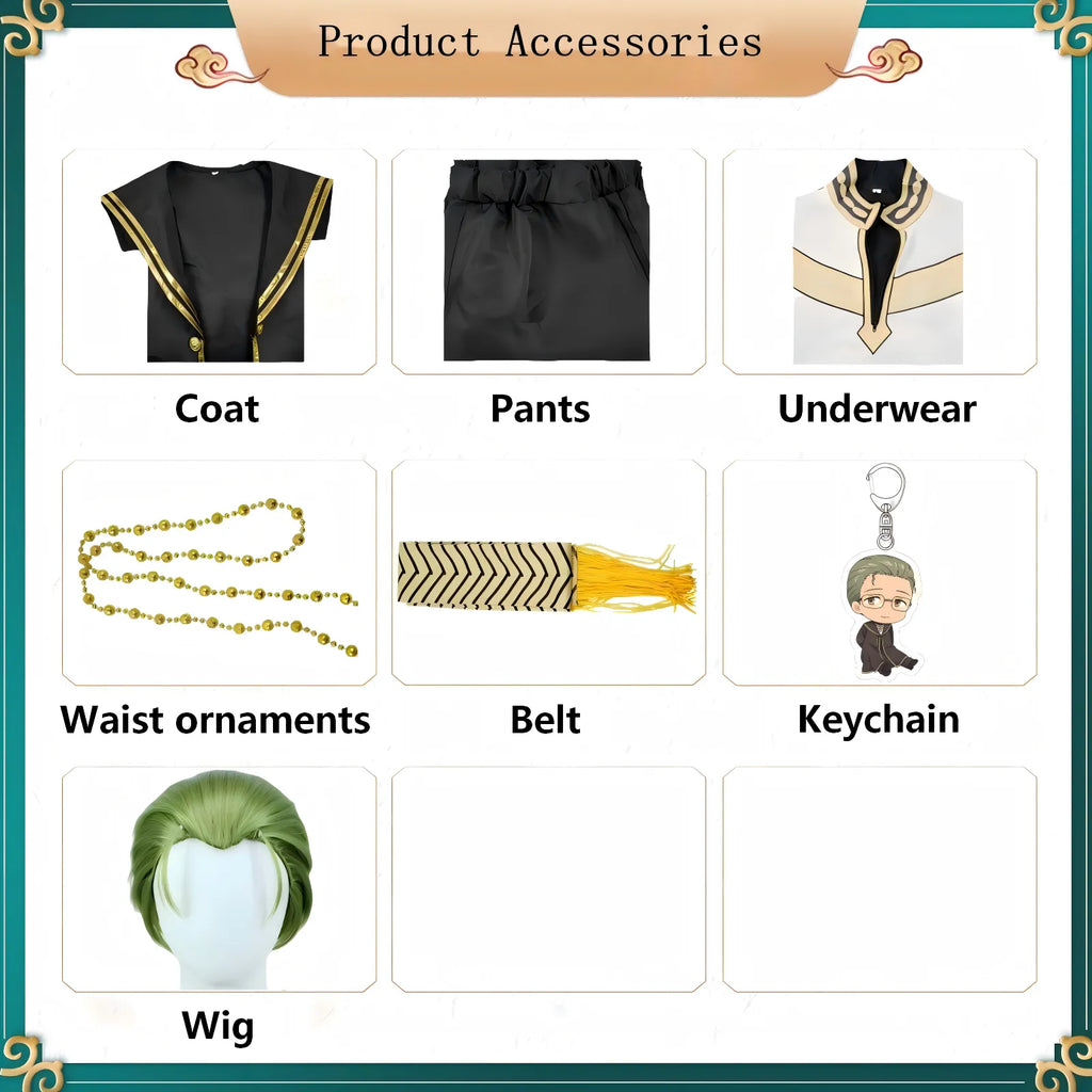 complete accessory set heiter frieren cosplay coat inner top pants chain belt tassel keychain green wig