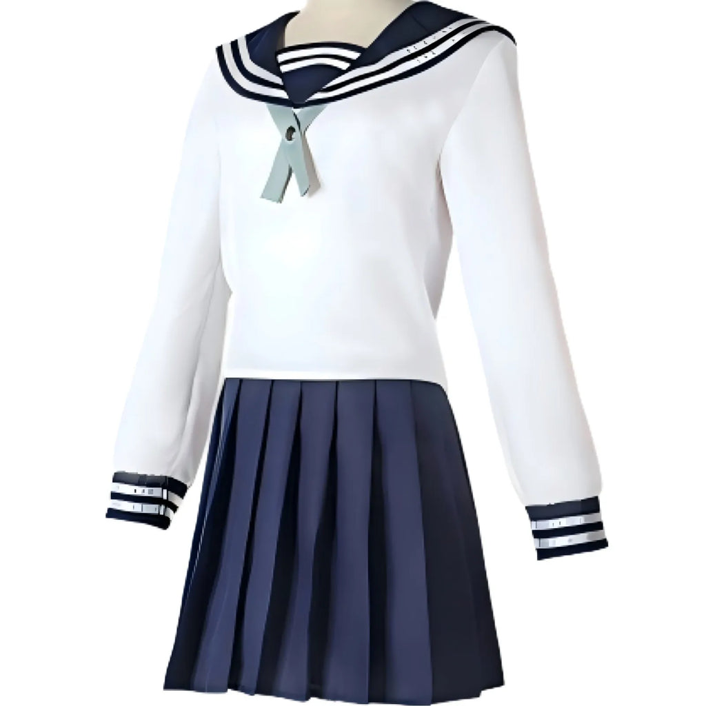 amanai riko cos sailor uniform front side view, white top with navy pleated skirt