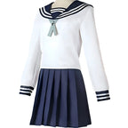 amanai riko cos sailor uniform front side view, white top with navy pleated skirt