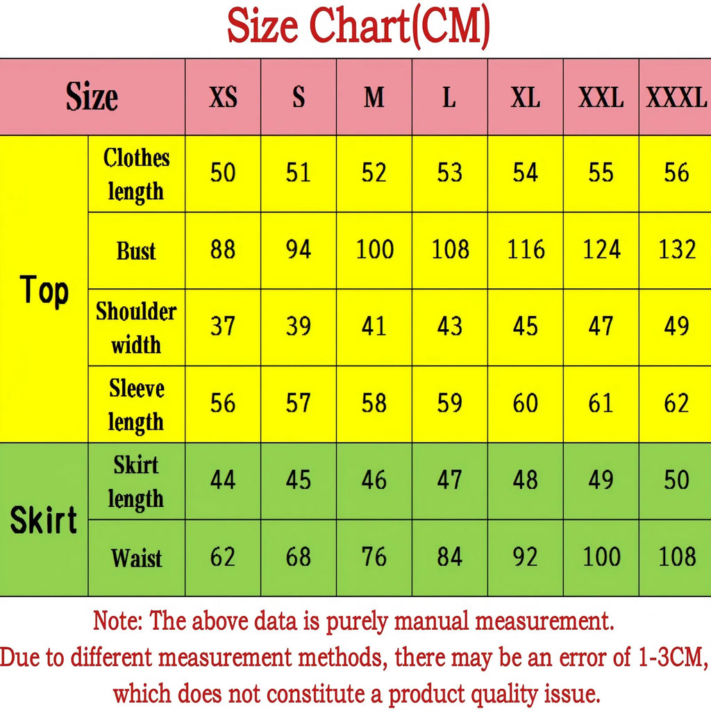 amanai riko cos size chart in cm, top and skirt measurement table