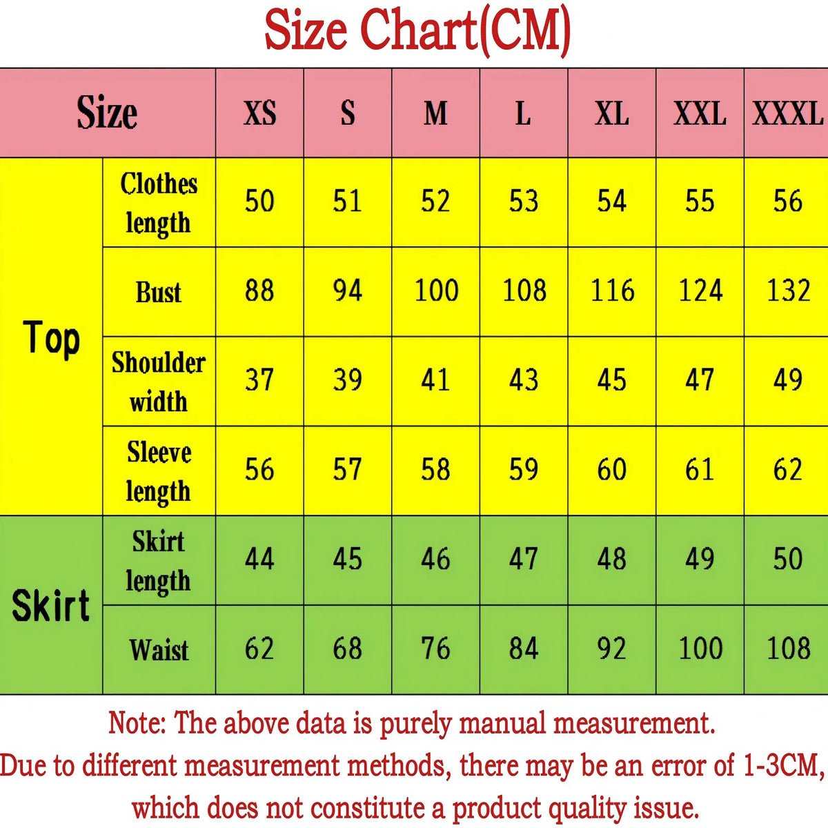 amanai riko cos size chart in cm, top and skirt measurement table