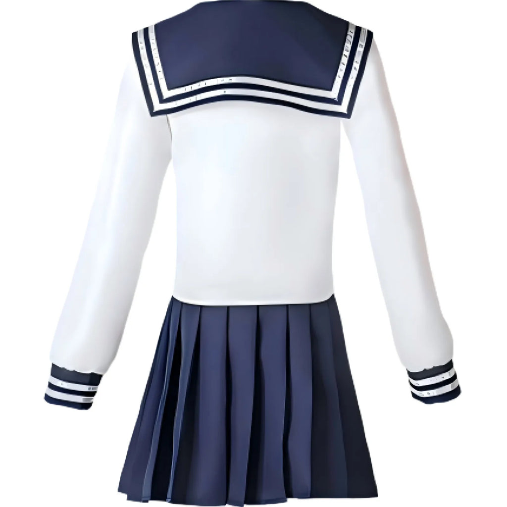 back view of amanai riko sailor cos costume, navy sailor collar and pleated skirt