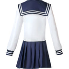 back view of amanai riko sailor cos costume, navy sailor collar and pleated skirt