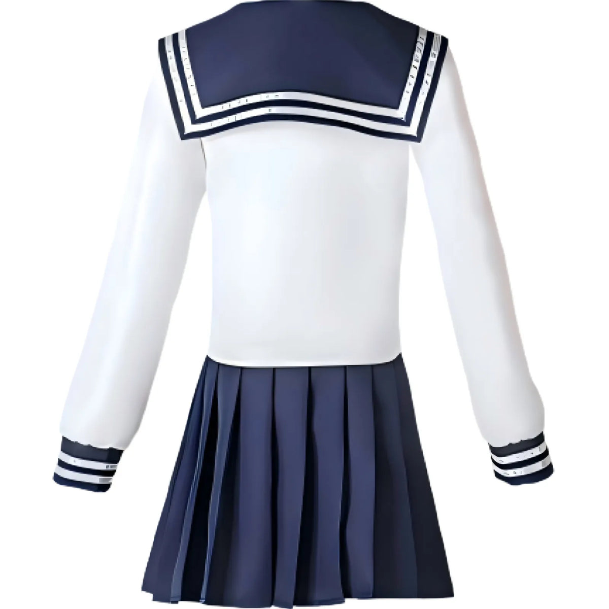 back view of amanai riko sailor cos costume, navy sailor collar and pleated skirt