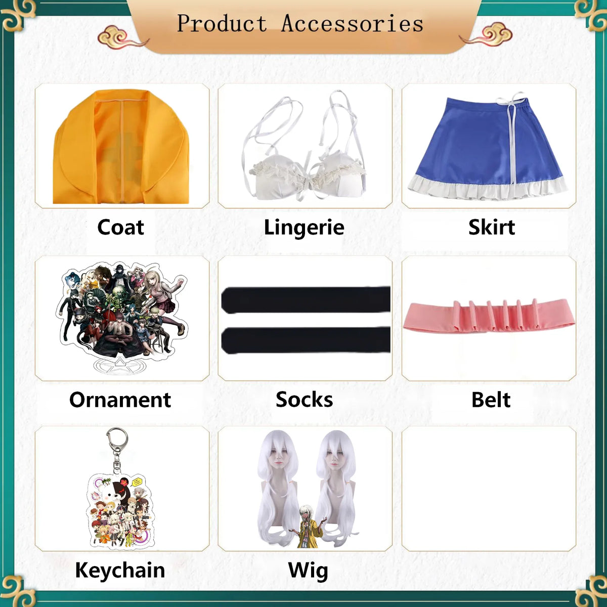 product accessories list for angie yonaga cosplay costume, coat, skirt, wig, keychain