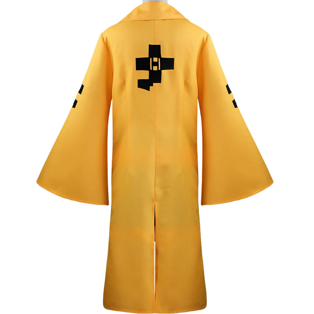 back view of angie yonaga yellow cosplay robe with black print