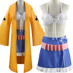 mannequin display of angie yonaga cosplay outfit, coat, bikini top, skirt and belt