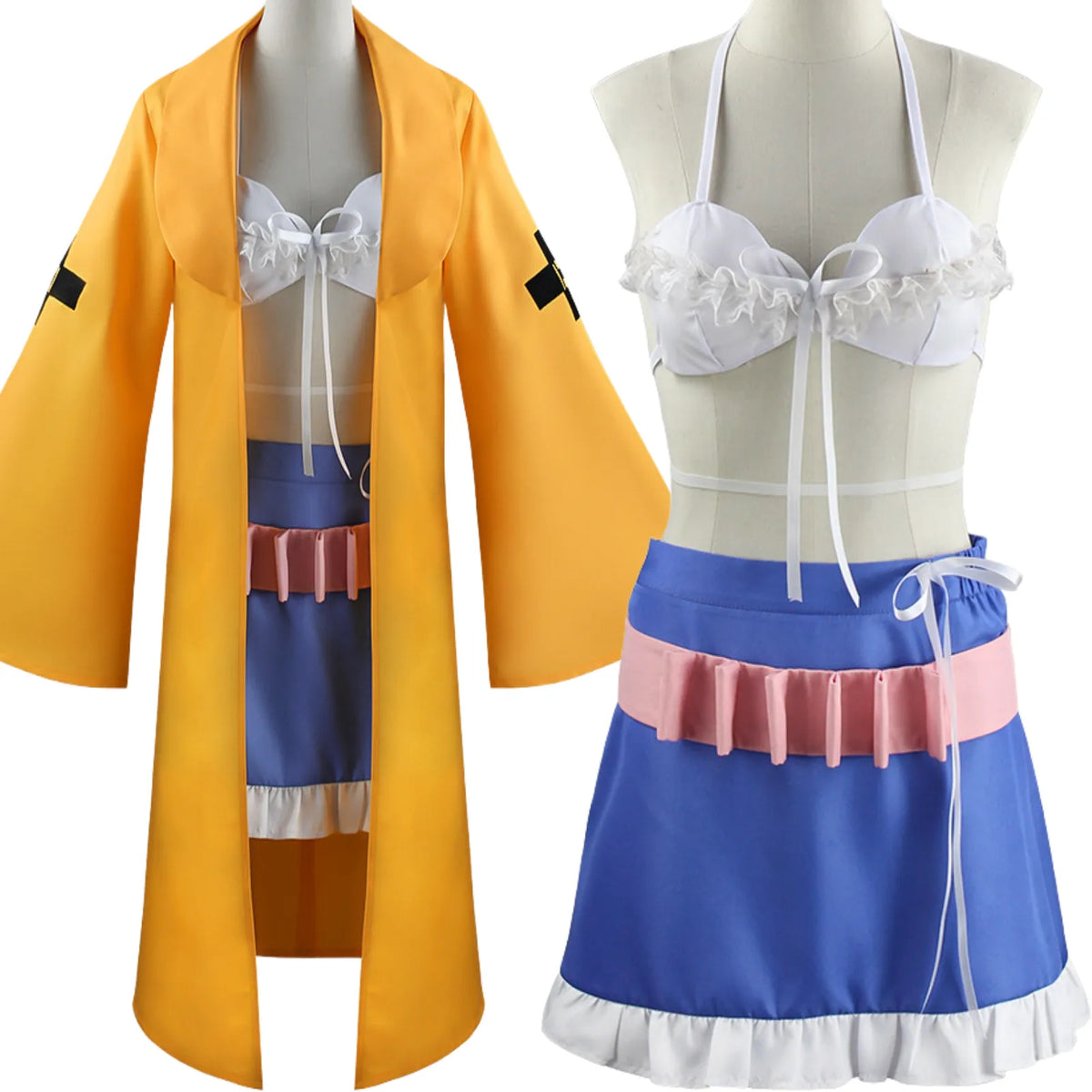 mannequin display of angie yonaga cosplay outfit, coat, bikini top, skirt and belt