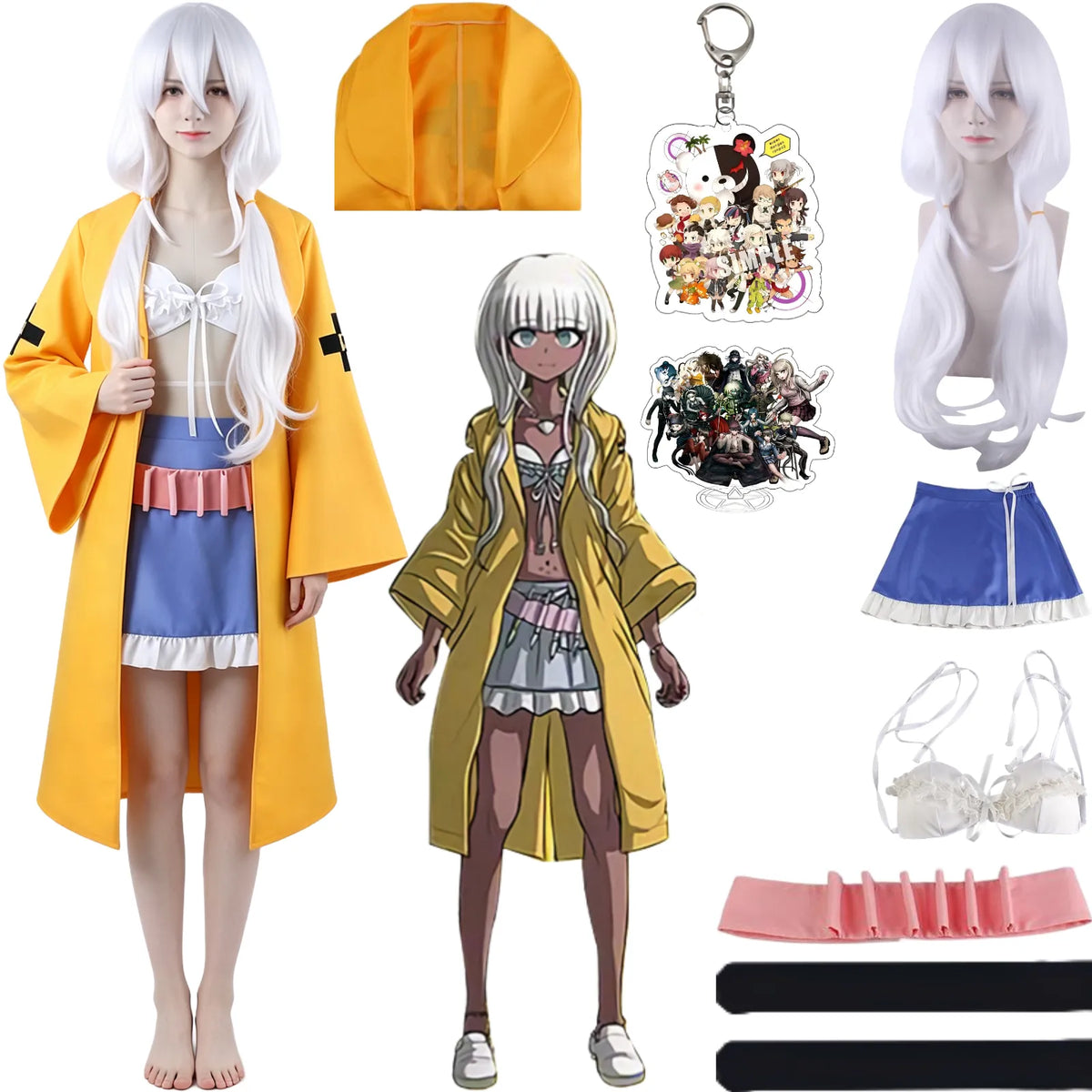 1. danganronpa v3 angie yonaga cosplay costume and white long wig display
2.