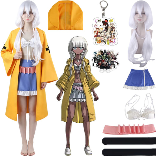 1. danganronpa v3 angie yonaga cosplay costume and white long wig display
2.