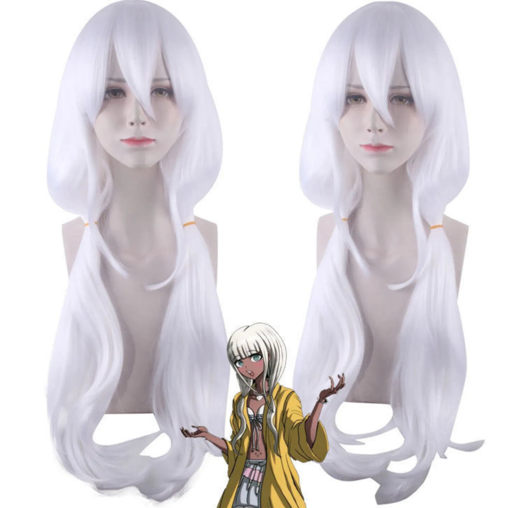 long white angie yonaga cosplay wig on mannequin head with character art