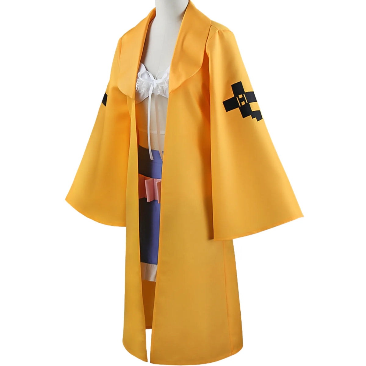 oblique side view of angie yonaga cosplay long yellow coat on mannequin