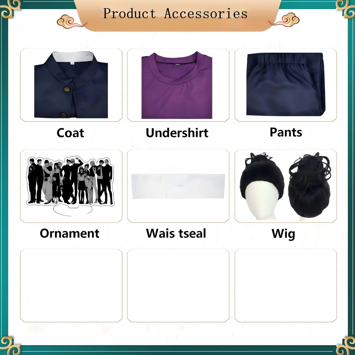 aoi todo cos costume accessories, coat, undershirt, pants, sash, wig and ornament