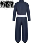 back view of aoi todo cos uniform, navy jacket and baggy pants with white waist sash
