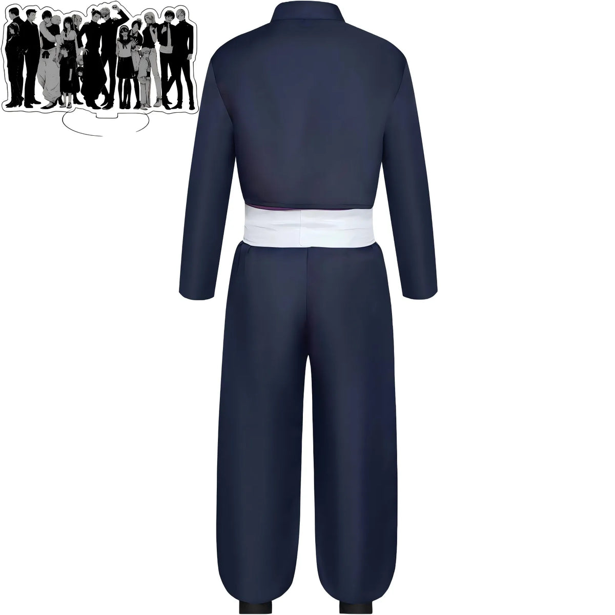 back view of aoi todo cos uniform, navy jacket and baggy pants with white waist sash