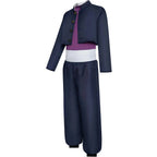 aoi todo cos outfit side view, cropped navy coat with purple inner shirt