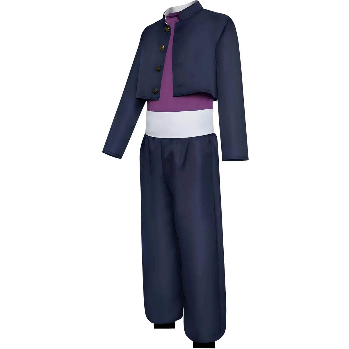 aoi todo cos outfit side view, cropped navy coat with purple inner shirt