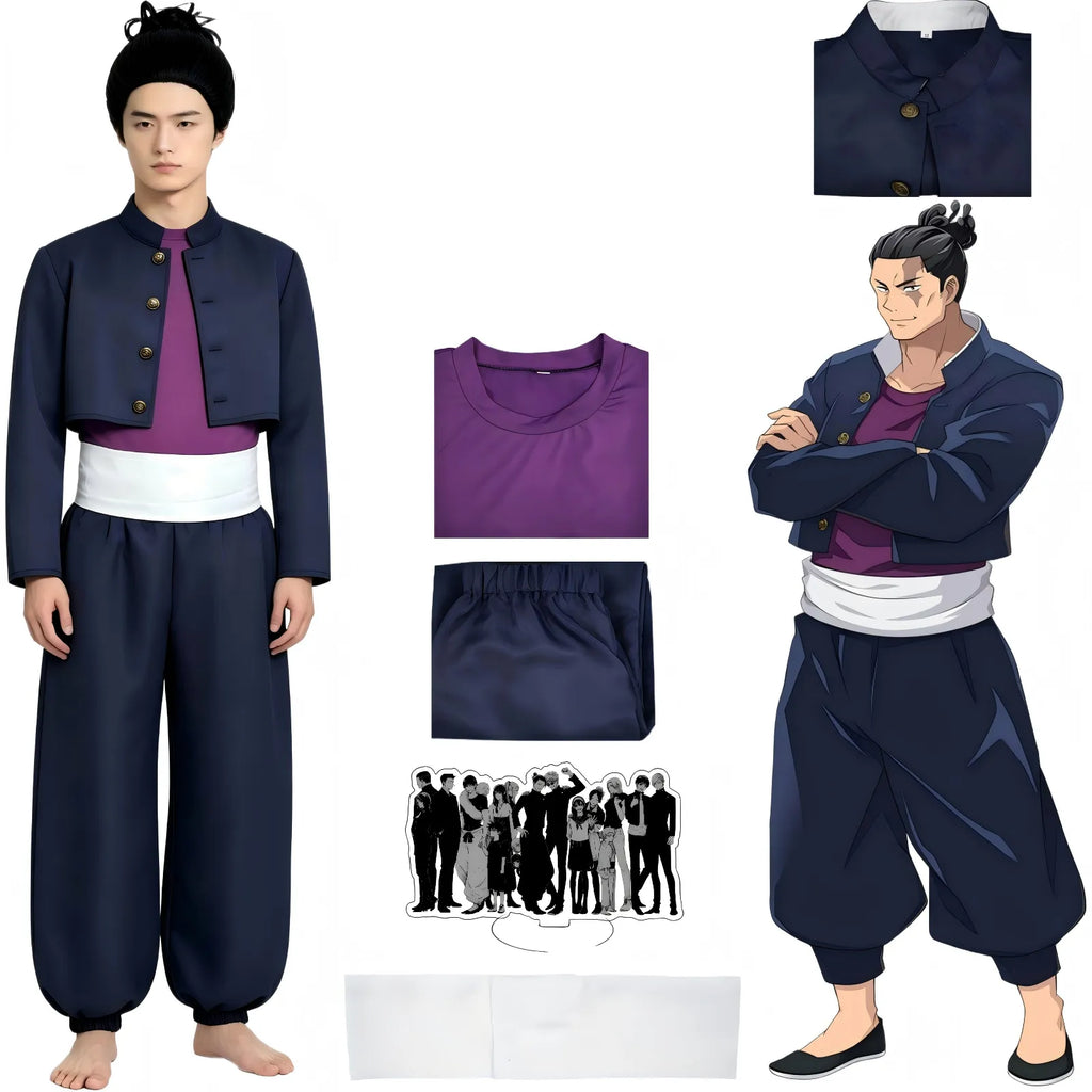aoi todo cosplay outfit, navy cropped jacket purple top and loose pants with sash
