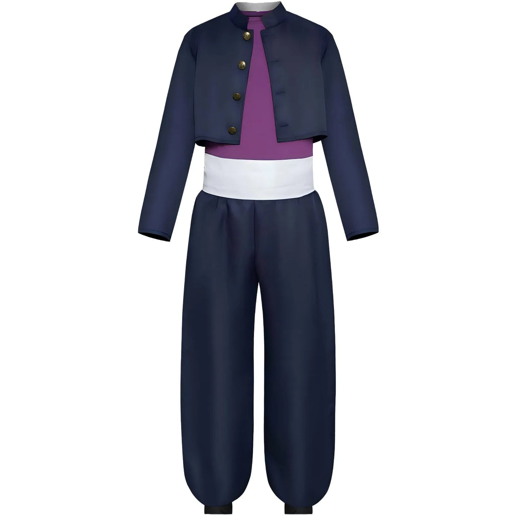 aoi todo cos costume front view, cropped jacket, purple top and loose navy trousers