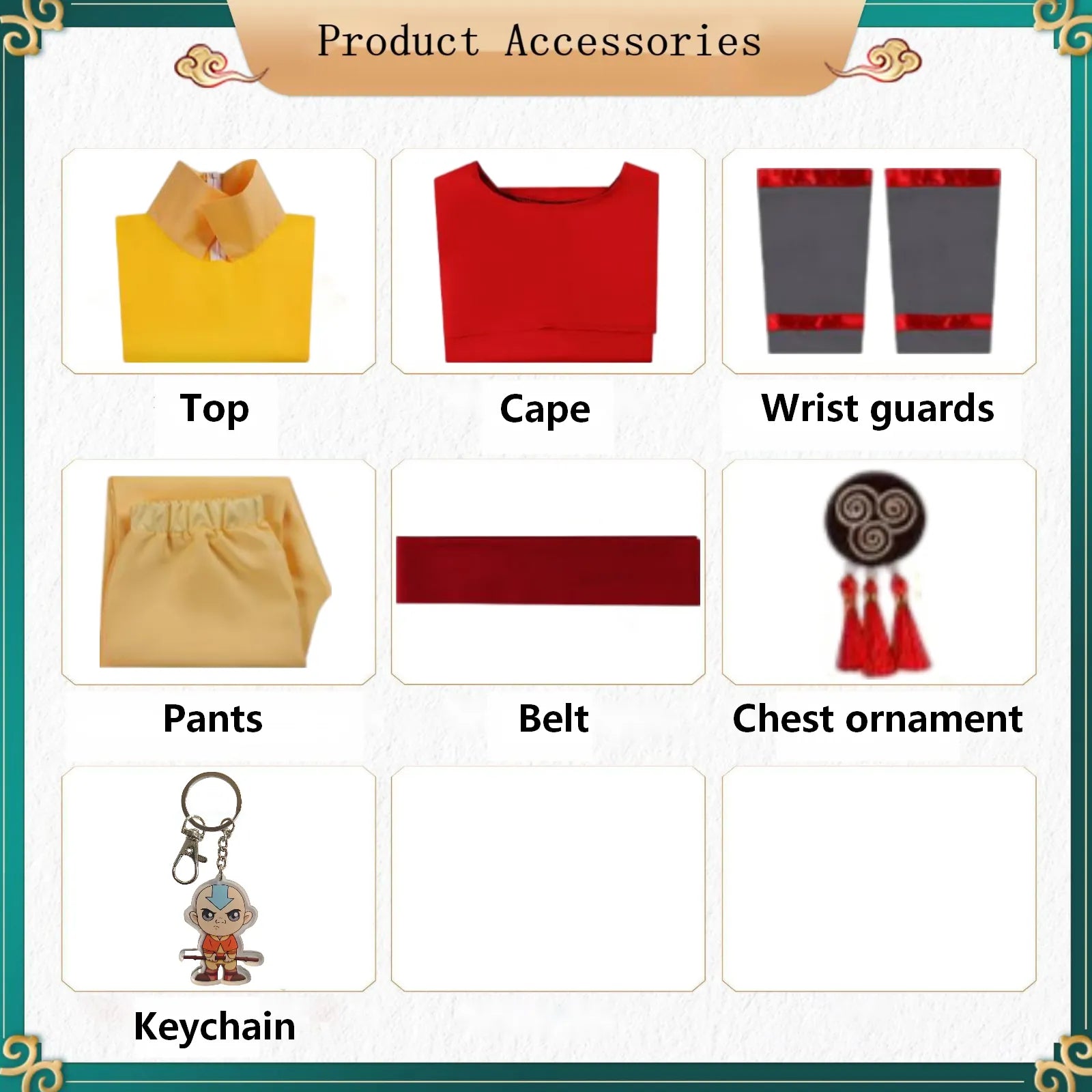 classified display of all supporting accessories for aang avatar cosplay