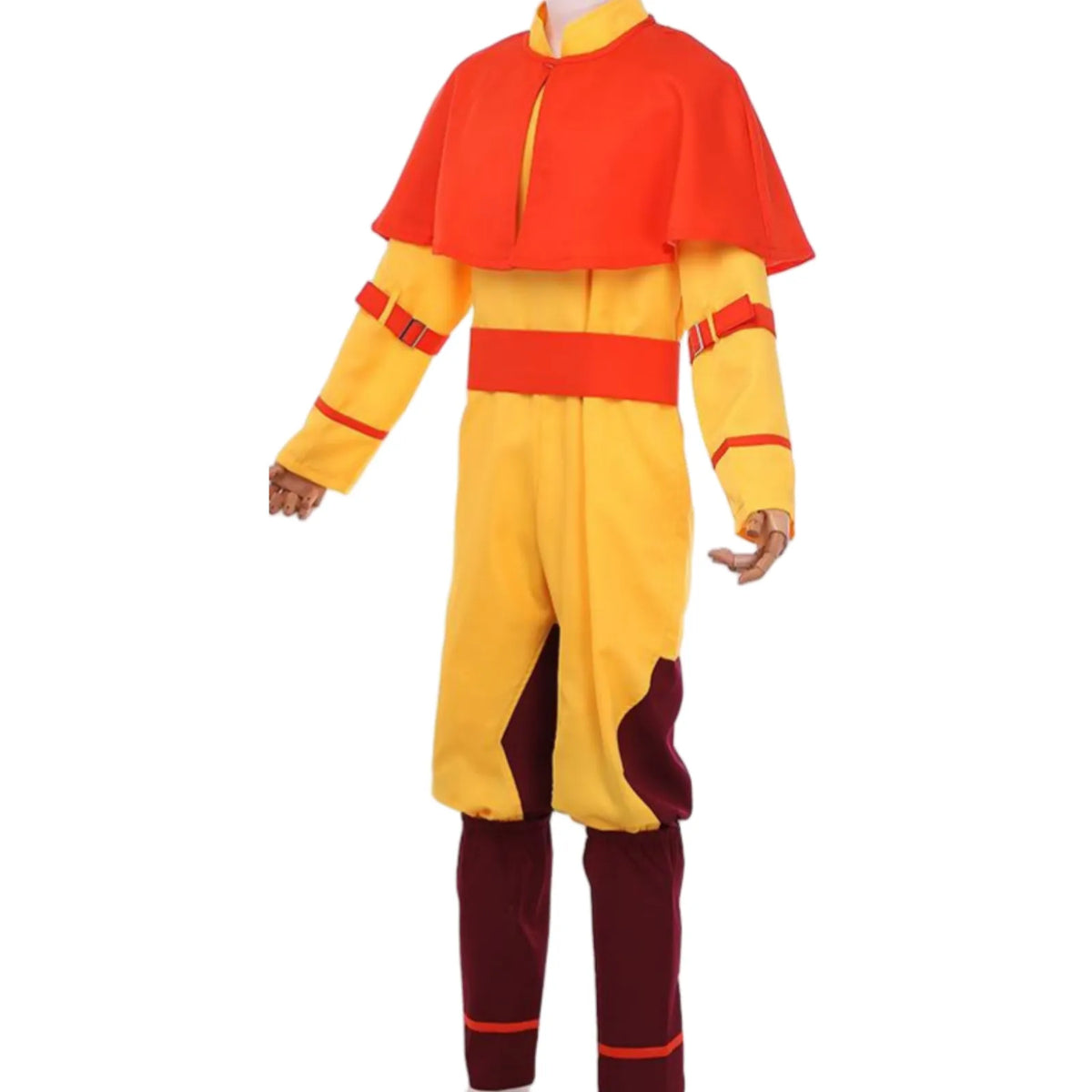 side profile full view of complete aang cosplay costume on mannequin