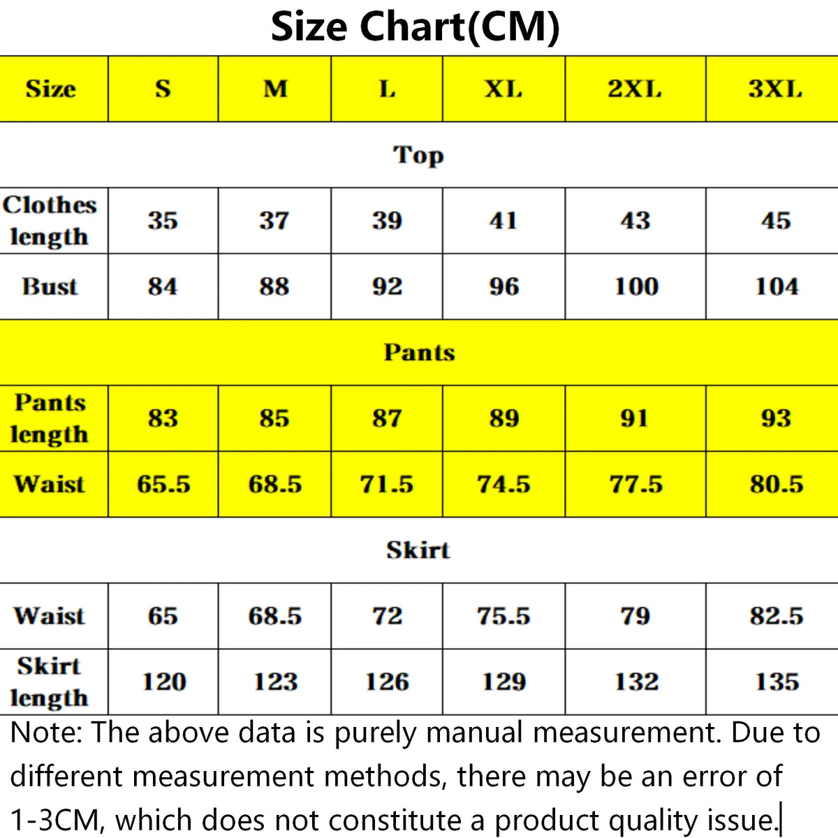 size chart with cm dimensions for katara fire nation cosplay costume